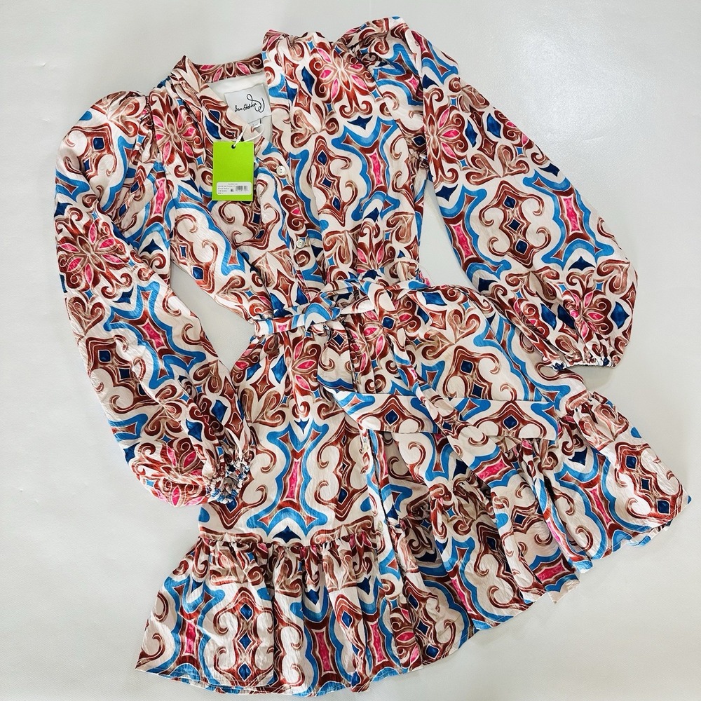 NWT Sam Edelman Women's Size 2 Long Sleeve Tie Waist Boho Mini Dress Multicolor - Picture 1 of 12
